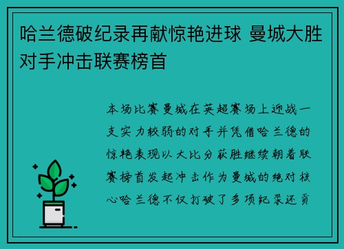 哈兰德破纪录再献惊艳进球 曼城大胜对手冲击联赛榜首
